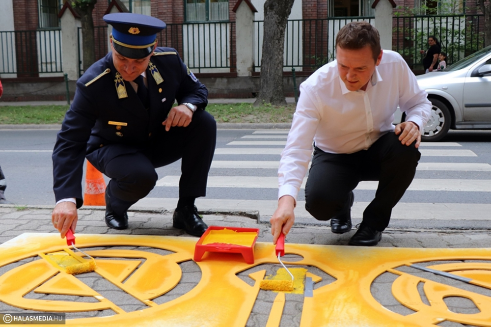 Figyelemfelhívó piktogramok a halasi zebrák előtt (galéria)